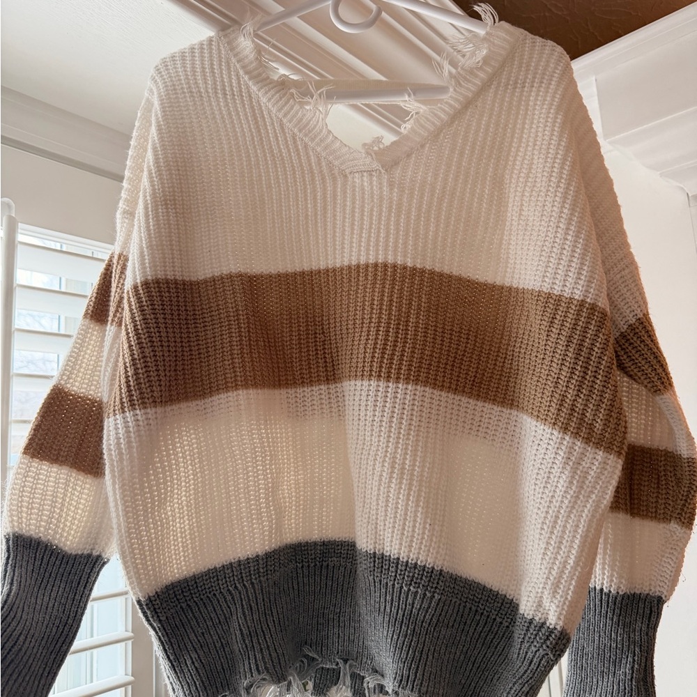 moon & madison Striped V-Neck Sweater - Cream, Brown, and Gray